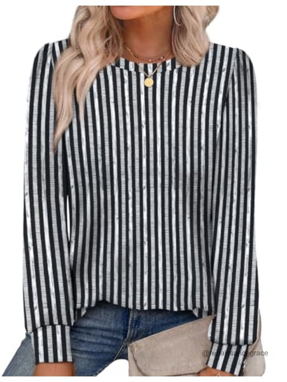 Womens Long Sleeve Tunic Top Crewneck Striped Blouse Polyester Spandex Fall